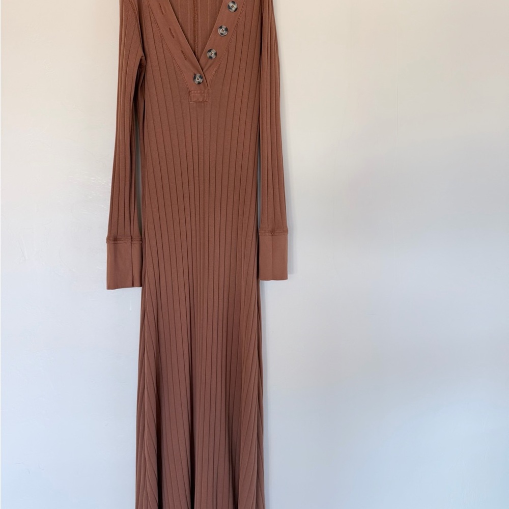 Free People Long Sleeve Ribbed Dress in Brown